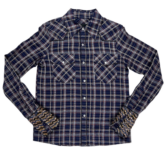 Le Superbe Superstoned Cowboy Shirt Midnight Plaid Pearl Snap Size 0 - Picture 6 of 14
